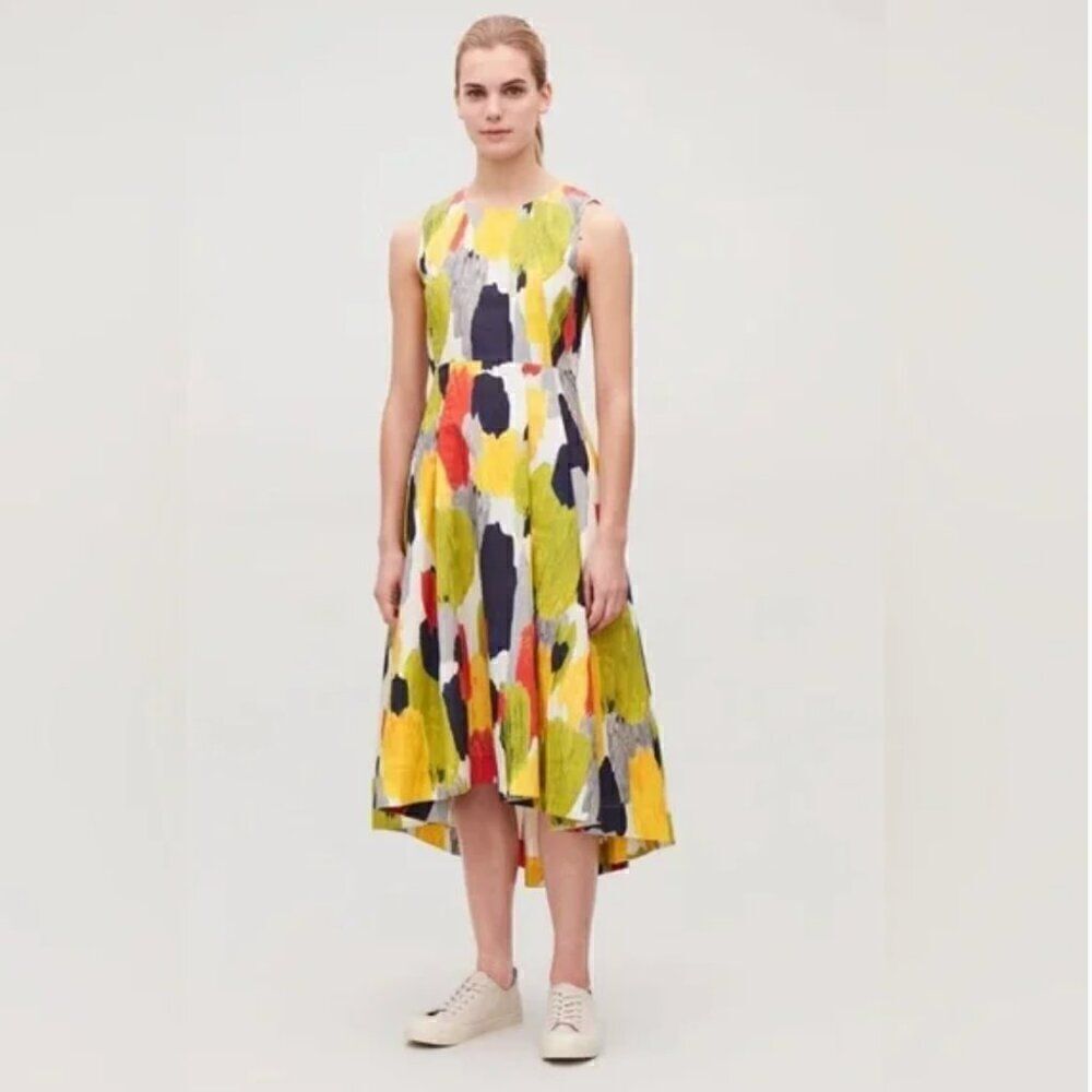 COS Dress Hi-Low Multi Colored Midi 36 Watercolor 100% Cotton